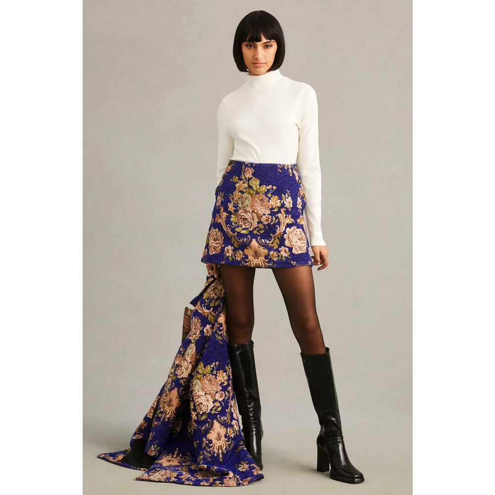 Anthropologie Royal Blue Floral Brocade Mini Skirt